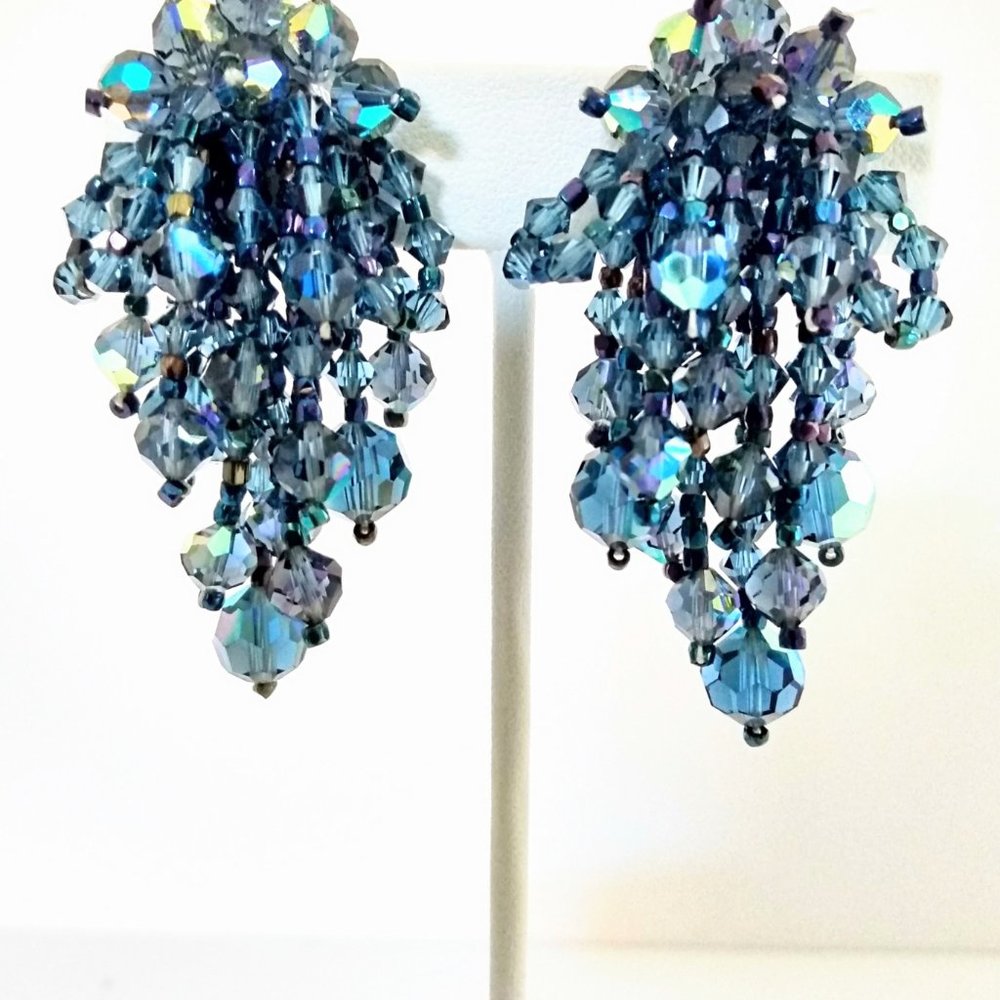 Vintage Hand beaded Earrings Blue AB Austrian Crystals Waterfall Dangles